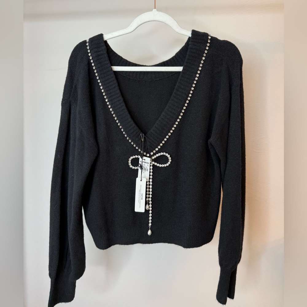 Express Black V-Neck Sweater with Rhinestone Bow Trim